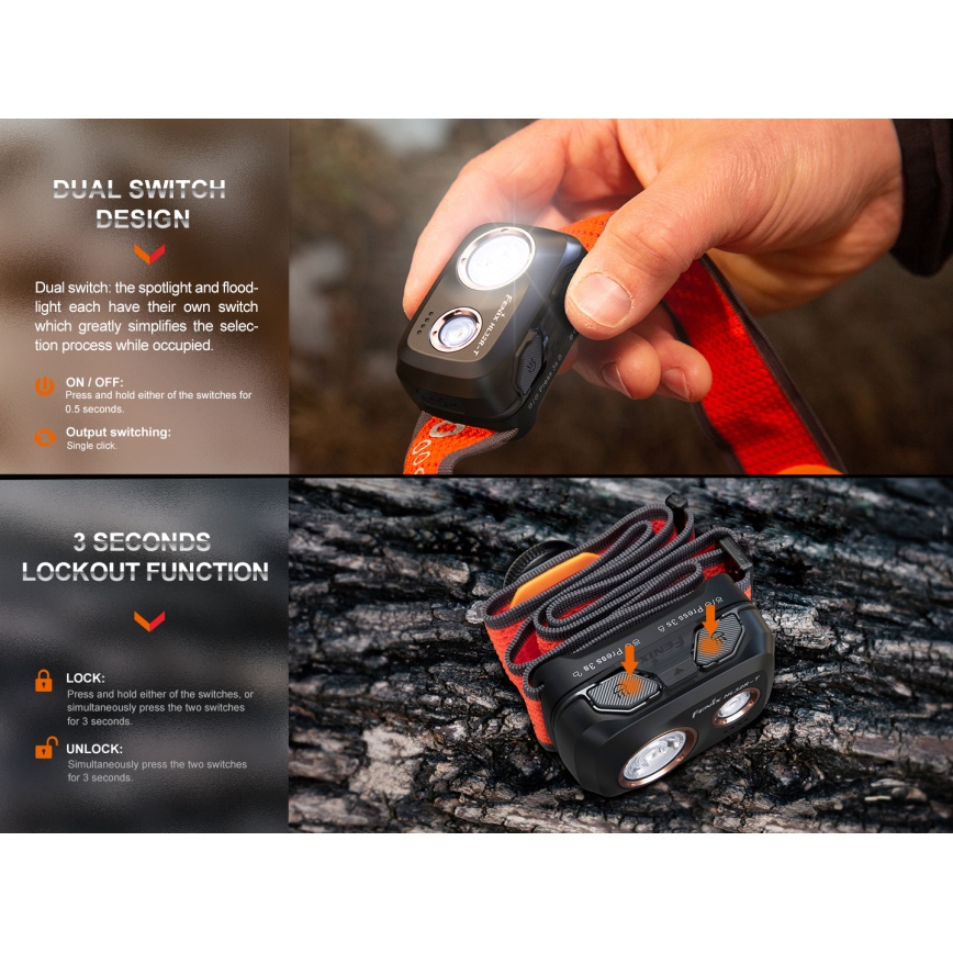 Fenix HL32RTRED - Lanterna de cabeça recarregável LED LED/USB IP66 800 lm 300 h vermelho/laranja
