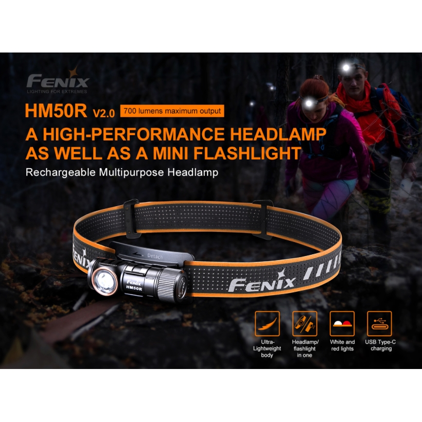 Fenix HM50RV20 - Lanterna de cabeça recarregável LED 3xLED/USB/1xCR123A IP68 700 brilhante 120 h 700 mAh