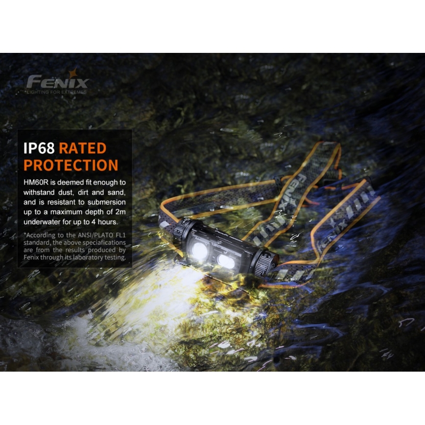 Fenix HM60R - LED Regulação rechargeable headlamp 4xLED/2xCR123A IP68 1300 lm 300 h