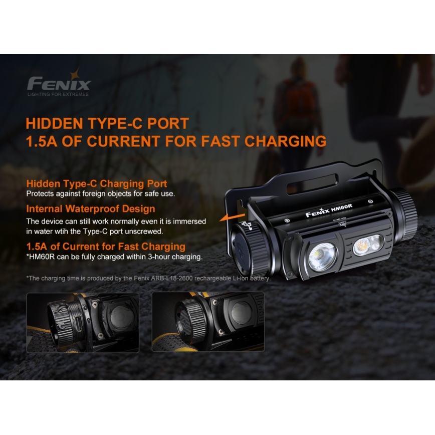 Fenix HM60R - LED Regulação rechargeable headlamp 4xLED/2xCR123A IP68 1300 lm 300 h