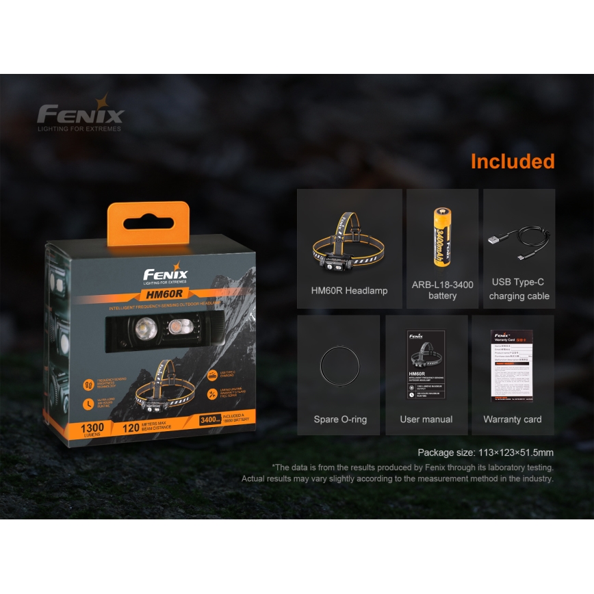 Fenix HM60R - LED Regulação rechargeable headlamp 4xLED/2xCR123A IP68 1300 lm 300 h