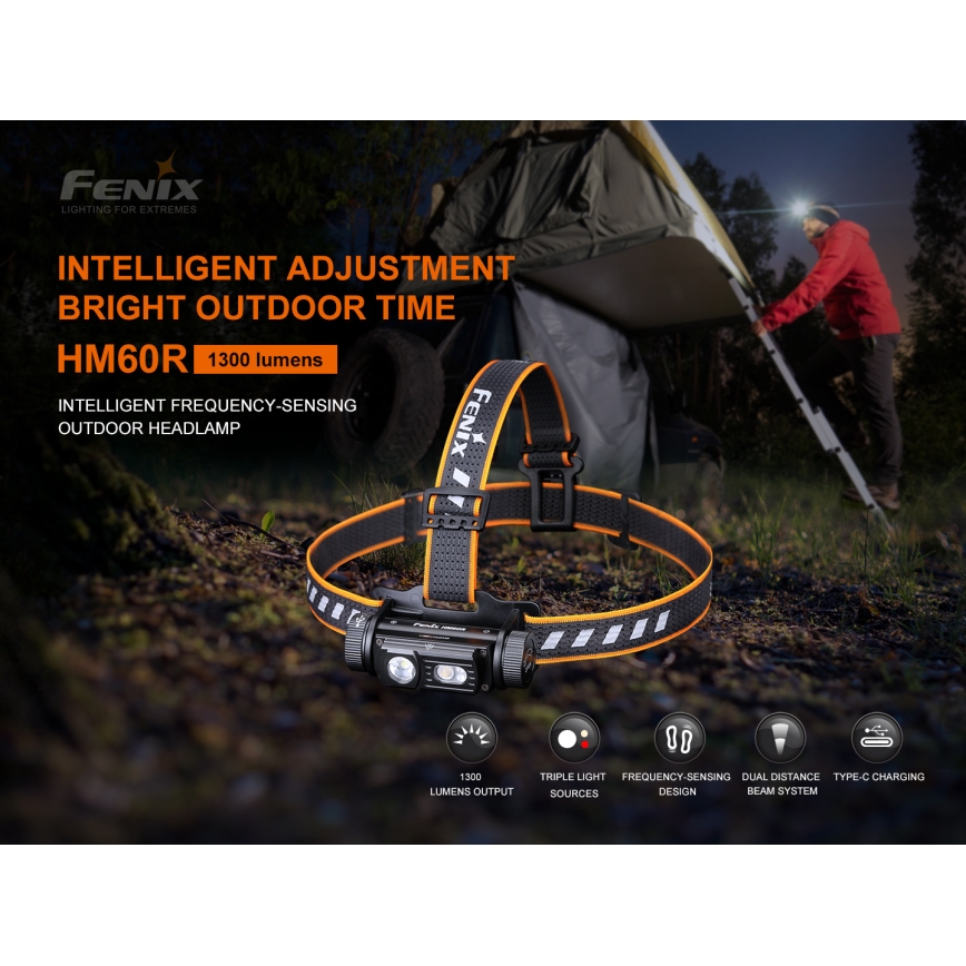 Fenix HM60R - LED Regulação rechargeable headlamp 4xLED/2xCR123A IP68 1300 lm 300 h