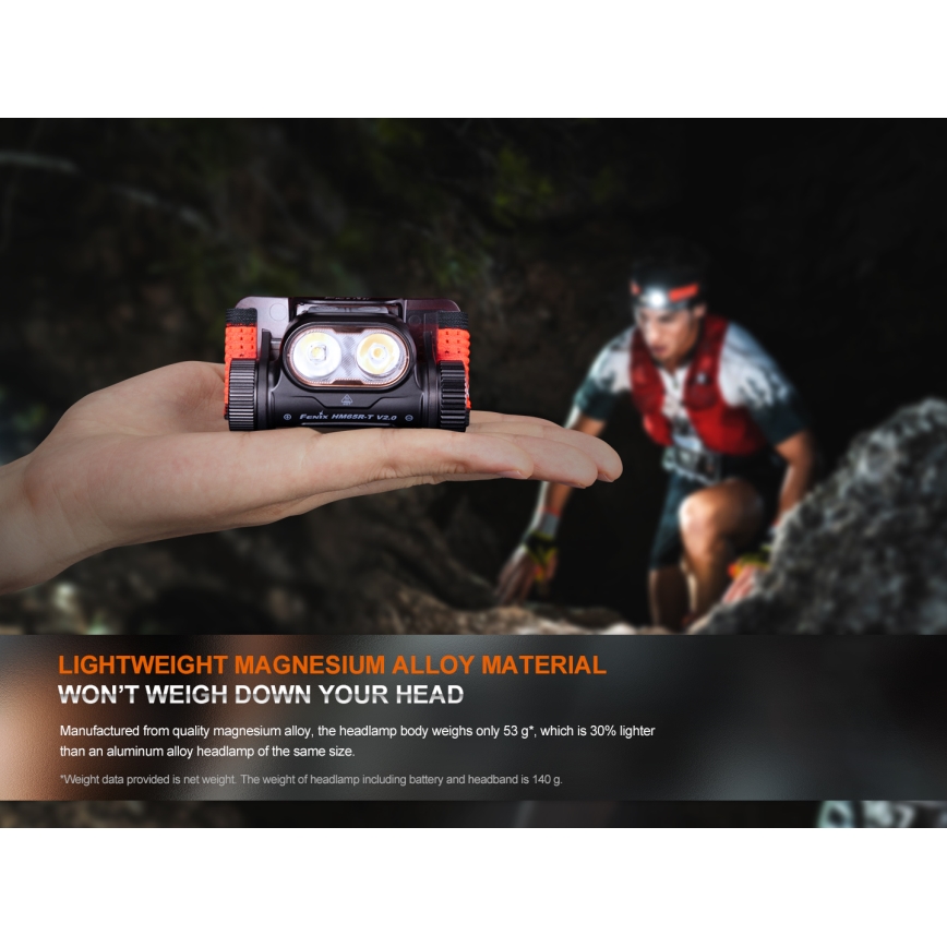 Fenix HM65RTV20PRP - Lanterna de cabeça LED com regulação LED/USB/2xCR123A IP68 1600 lm 300h 3400 mAh preto/roxo