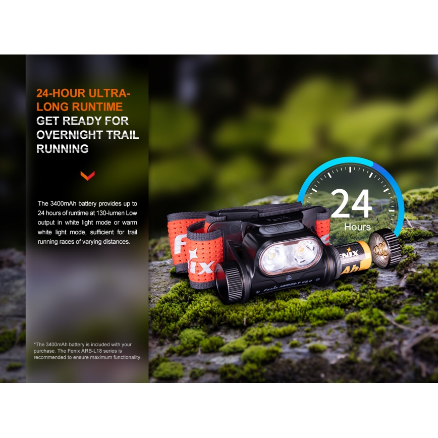 Fenix HM65RTV20PRP - Lanterna de cabeça LED com regulação LED/USB/2xCR123A IP68 1600 lm 300h 3400 mAh preto/roxo