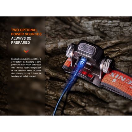 Fenix HM65RTV20PRP - Lanterna de cabeça LED com regulação LED/USB/2xCR123A IP68 1600 lm 300h 3400 mAh preto/roxo