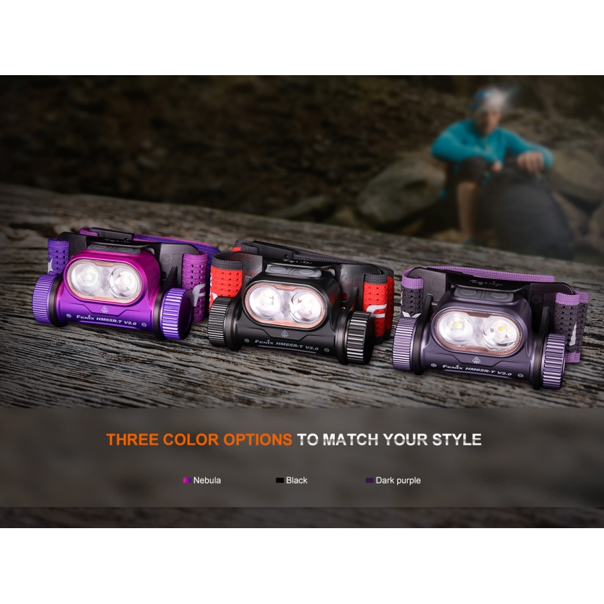 Fenix HM65RTV20PRP - Lanterna de cabeça LED com regulação LED/USB/2xCR123A IP68 1600 lm 300h 3400 mAh preto/roxo