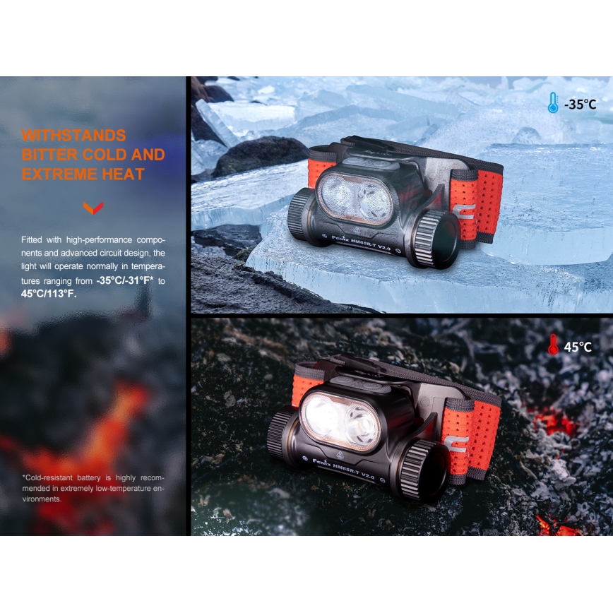 Fenix HM65RTV20PRP - Lanterna de cabeça LED com regulação LED/USB/2xCR123A IP68 1600 lm 300h 3400 mAh preto/roxo
