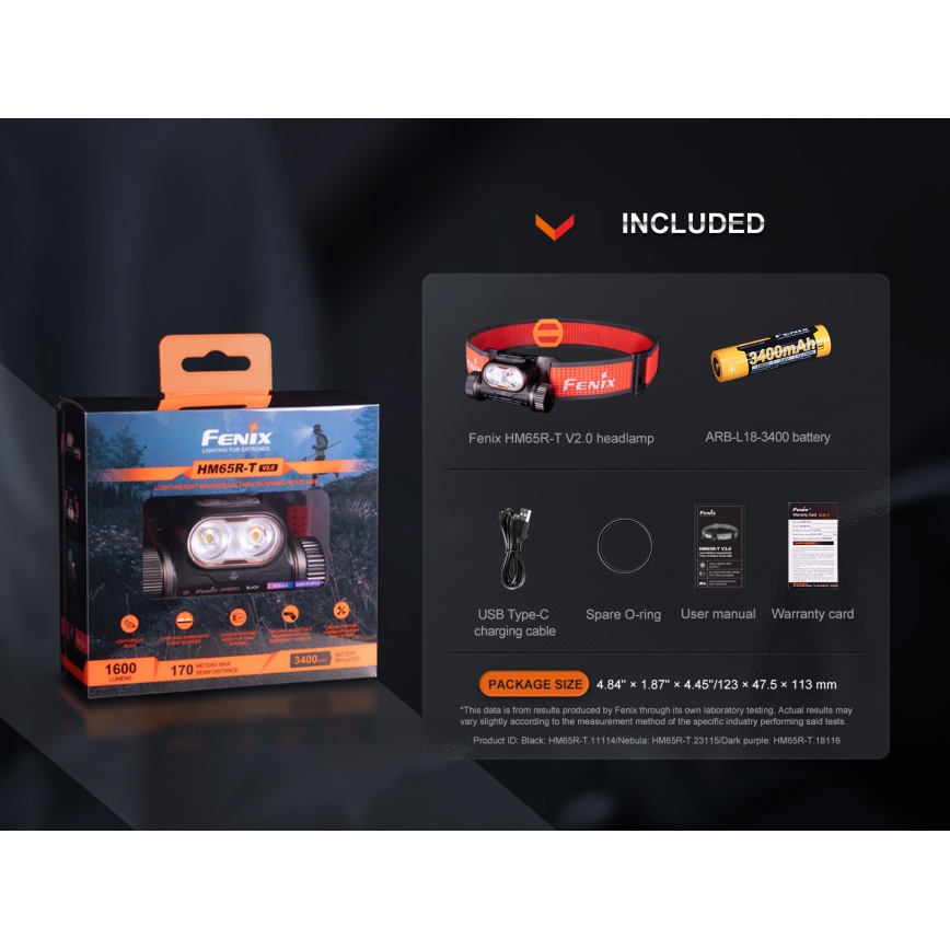Fenix HM65RTV20PRP - Lanterna de cabeça LED com regulação LED/USB/2xCR123A IP68 1600 lm 300h 3400 mAh preto/roxo