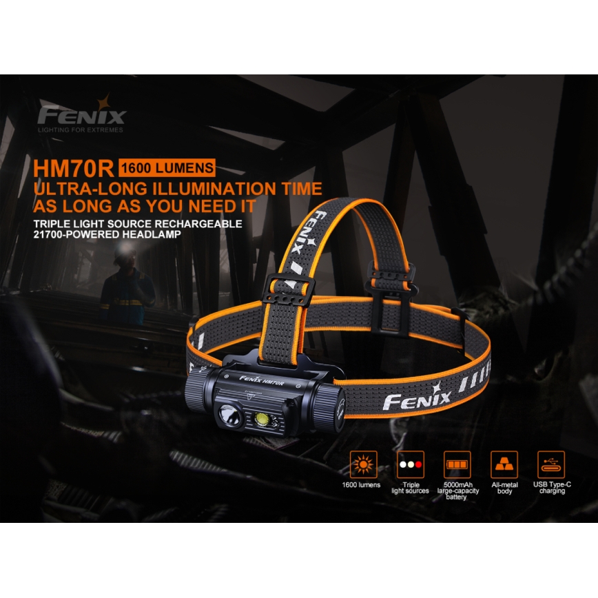 Fenix HM70R - Lanterna de cabeça recarregável LED 4xLED/1x21700 IP68 1600 brilhante 800 h 5000 mAh