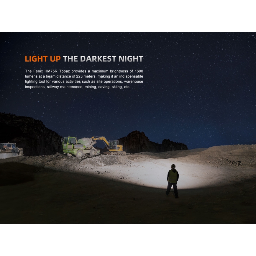 Fenix HM75RTOPAZ - Lanterna de cabeça LED com regulação LED/USB IP68 1600 brilhante 210 h 4000 mAh