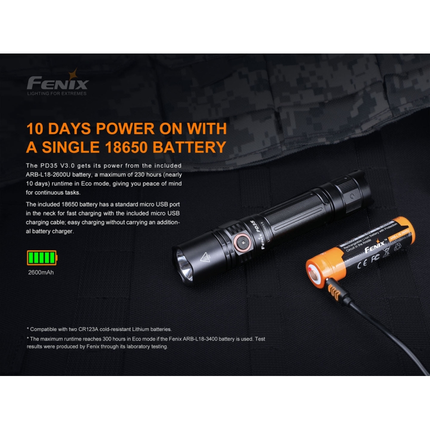 Fenix PD35V30 - Lanterna recarregável LED LED/USB/2xCR123A IP68 1700 brilhante 230 h 2600 mAh