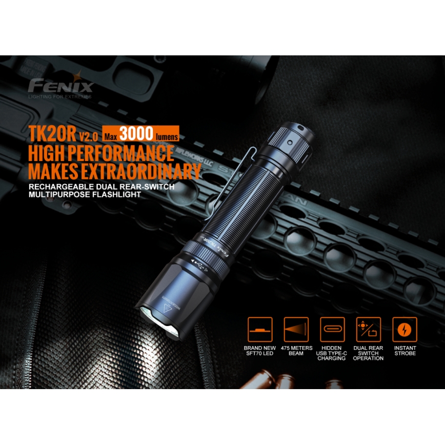 Fenix TK20RV20 - Lanterna LED táctica recarregável LED/USB IP68 3000 lm 48 h