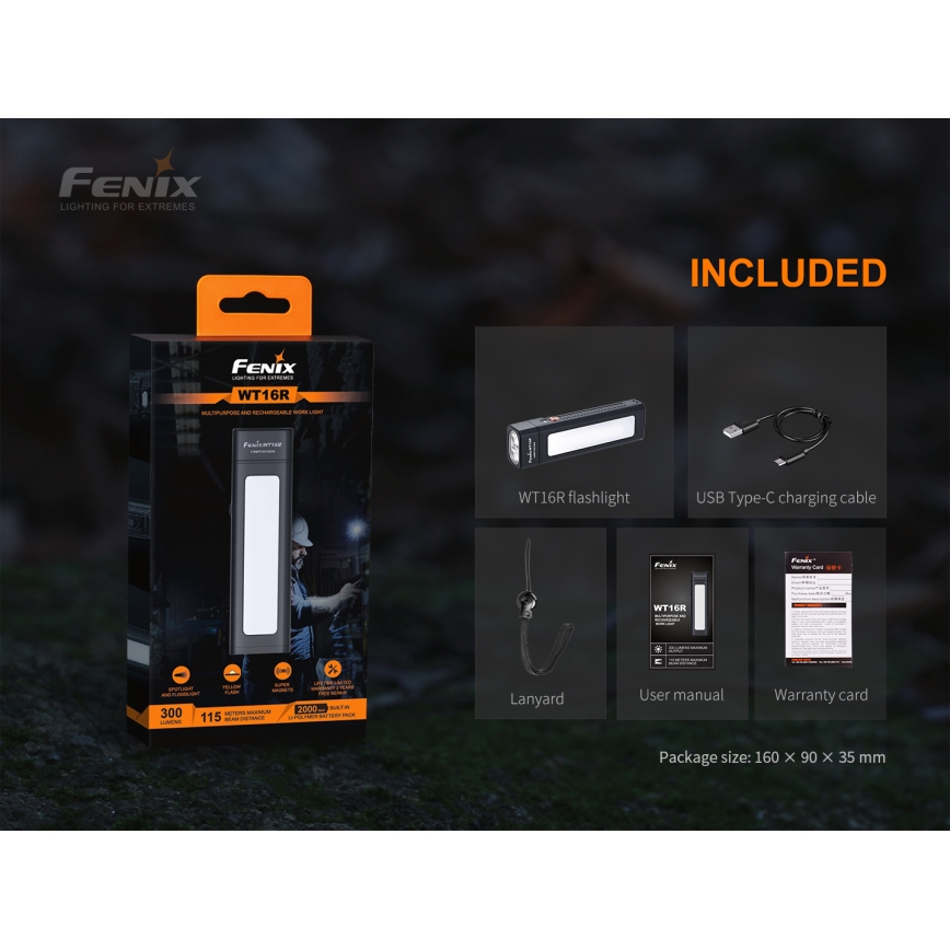 Fenix WT16R - Lanterna recarregável LED 2xLED/USB IP66 300 lm 30 hrs