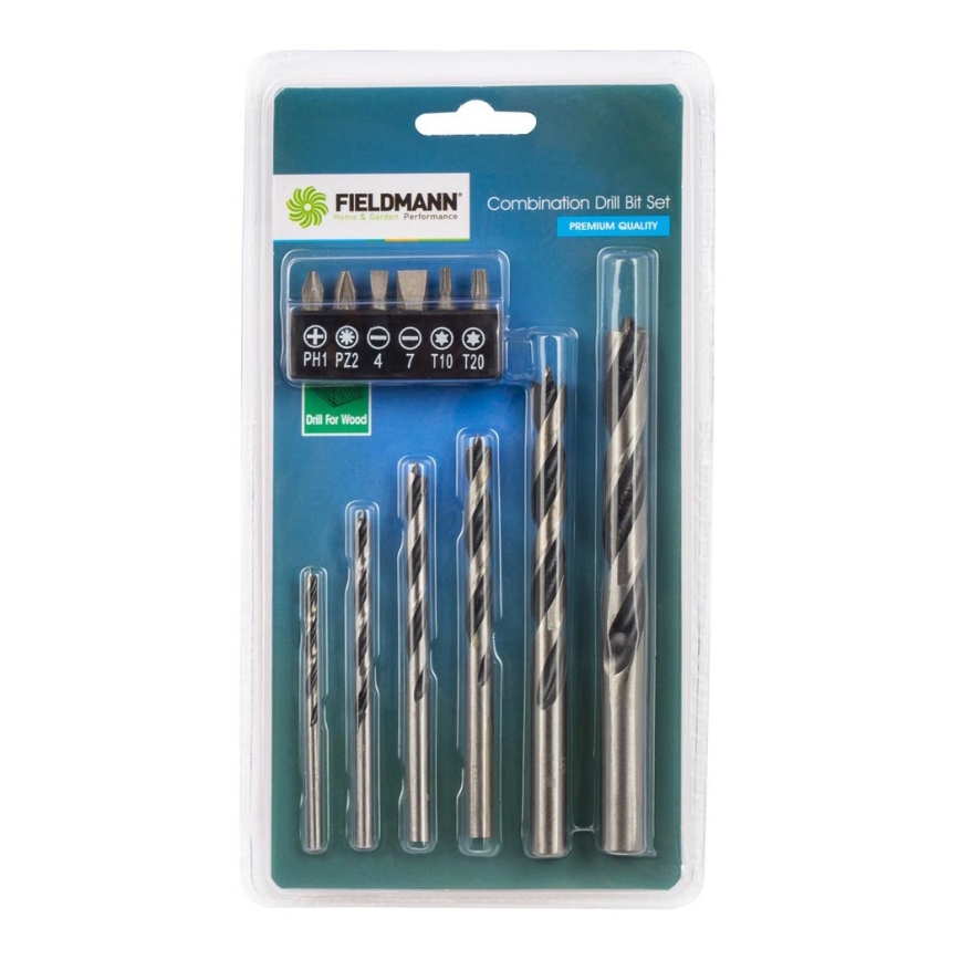 Fieldmann - Conjunto de brocas para madeira + bits 12 pcs cromo