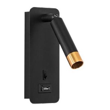 Foco de parede com carregador USB 1xG9/35W/230V preto/dourada
