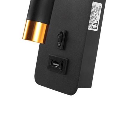 Foco de parede com carregador USB 1xG9/35W/230V preto/dourada