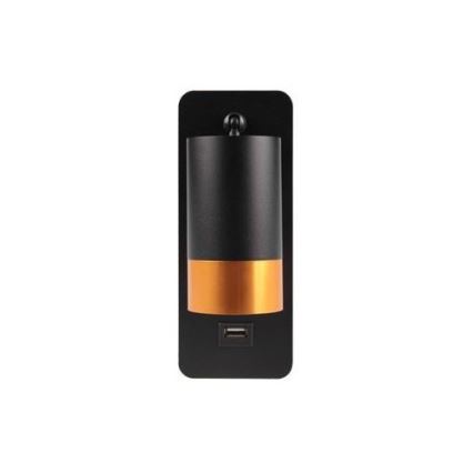 Foco de parede com carregador USB 1xGU10/35W/230V preto/dourado