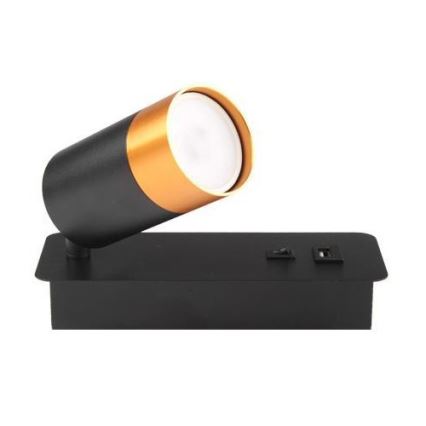 Foco de parede com carregador USB 1xGU10/35W/230V preto/dourado