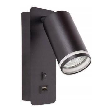 Foco de parede com carregador USB 1xGU10/35W/230V preto