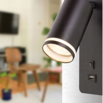 Foco de parede com carregador USB 1xGU10/35W/230V preto