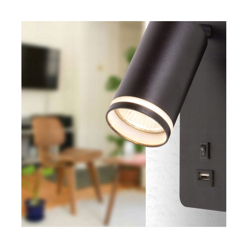 Foco de parede com carregador USB 1xGU10/35W/230V preto