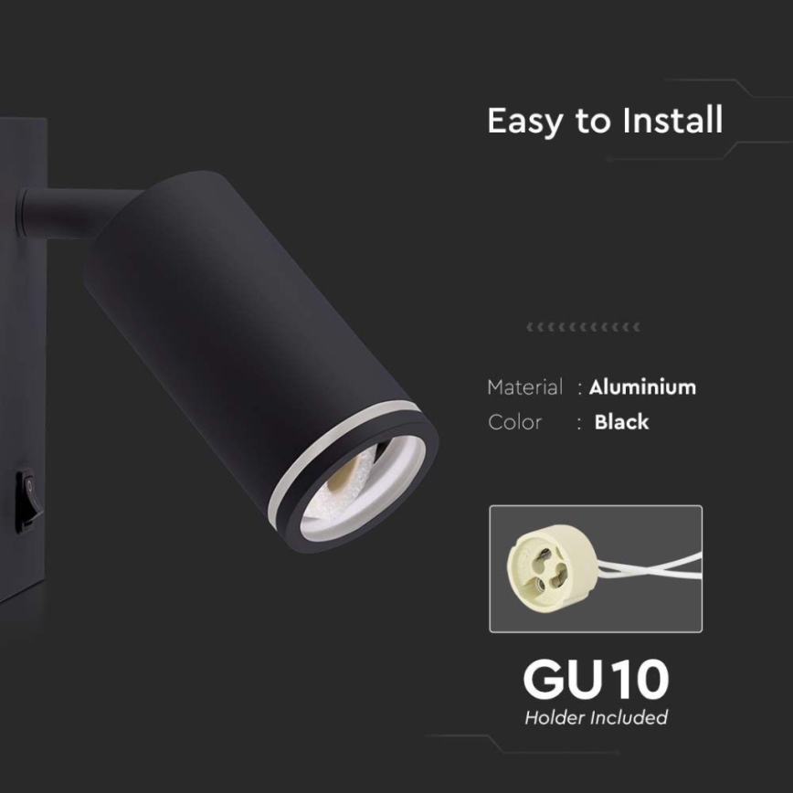 Foco de parede com interruptor 1xGU10/35W/230V preto