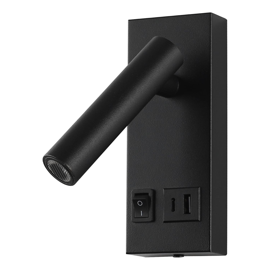 Foco de parede LED com USB LED/2W/230V preto