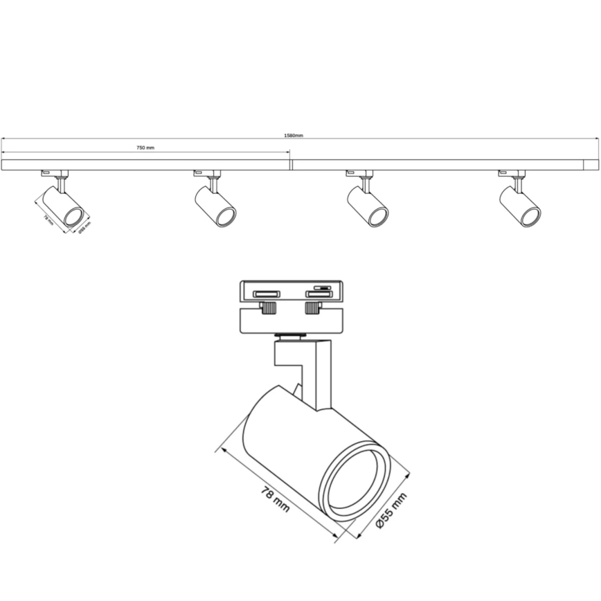 Foco para sistema de carril LYNX 4xGU10/10W/230V + 2 x 75 cm sistema ferroviário preto