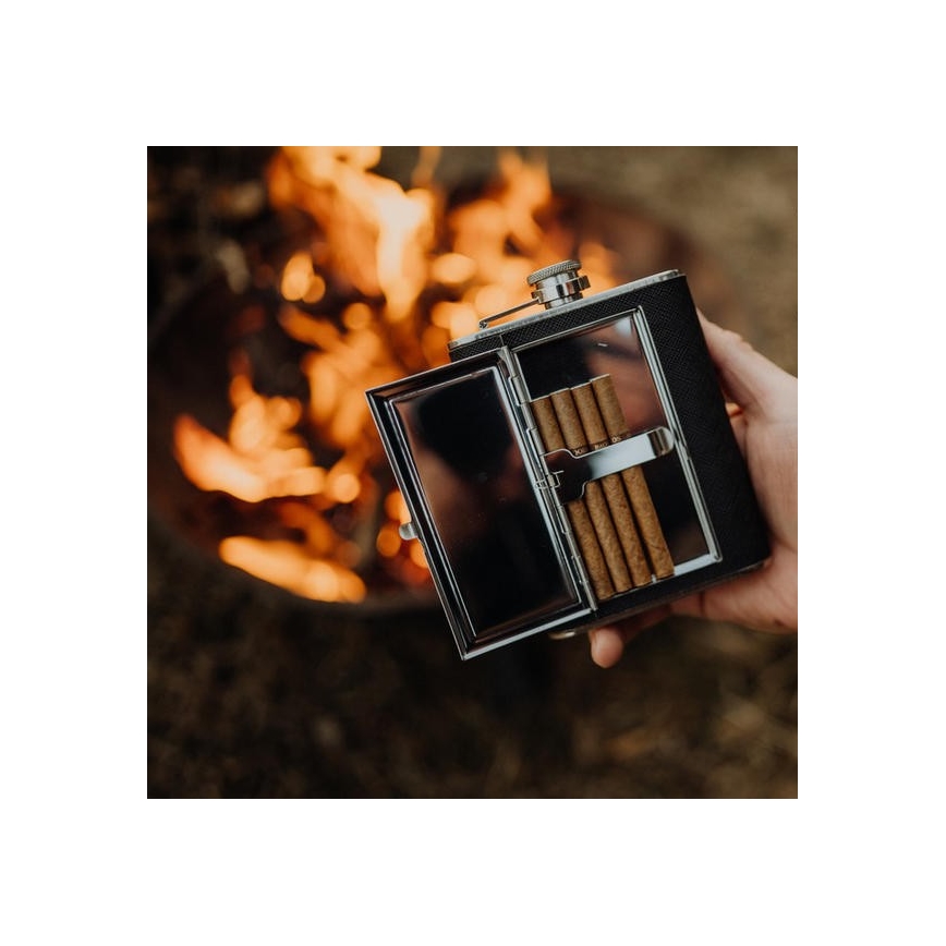 Frasco de bolso com caixa para cigarros 175 ml preto