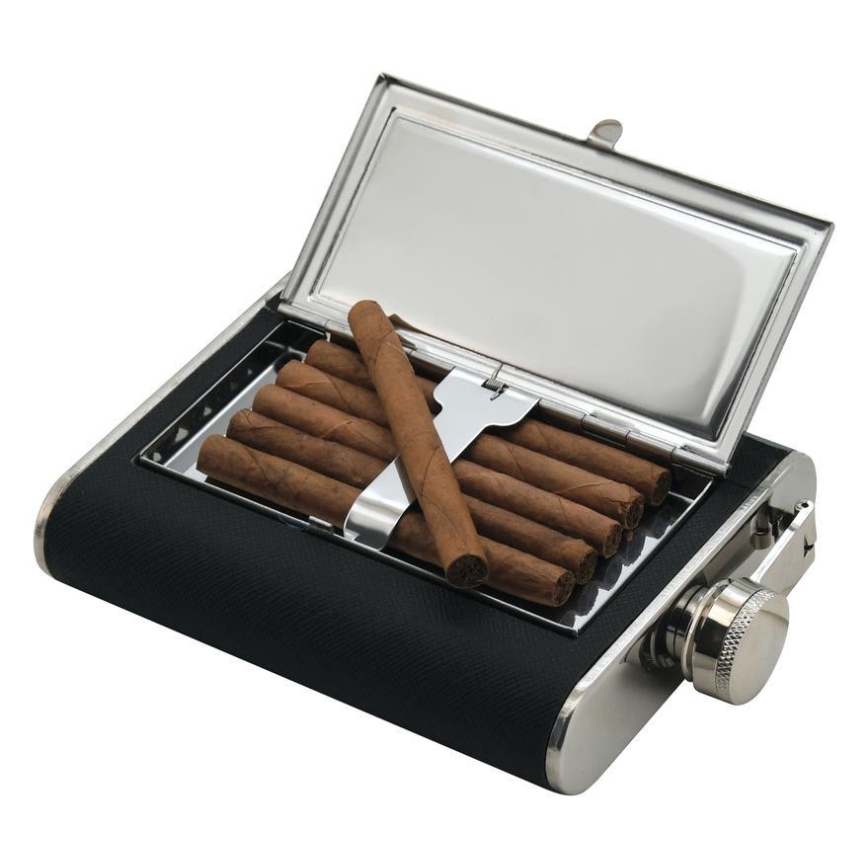 Frasco de bolso com caixa para cigarros 175 ml preto