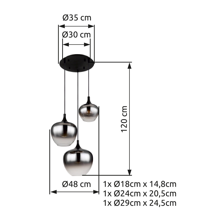 Globo - Candeeiro suspenso 3xE27/40W/230V diâmetro 48 cm preto