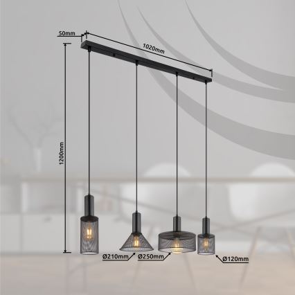 Globo - Candelabro suspenso 4xE27/60W/230V preto