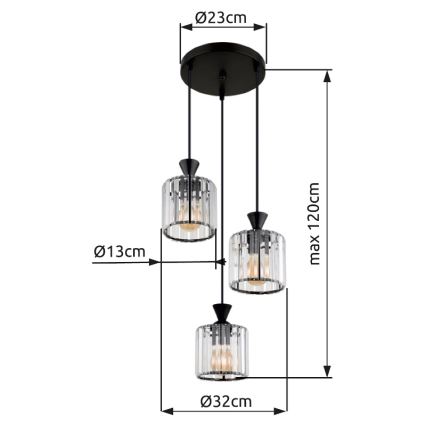Globo - Candeeiro suspenso 3xE27/60W/230V diâmetro 32 cm preto