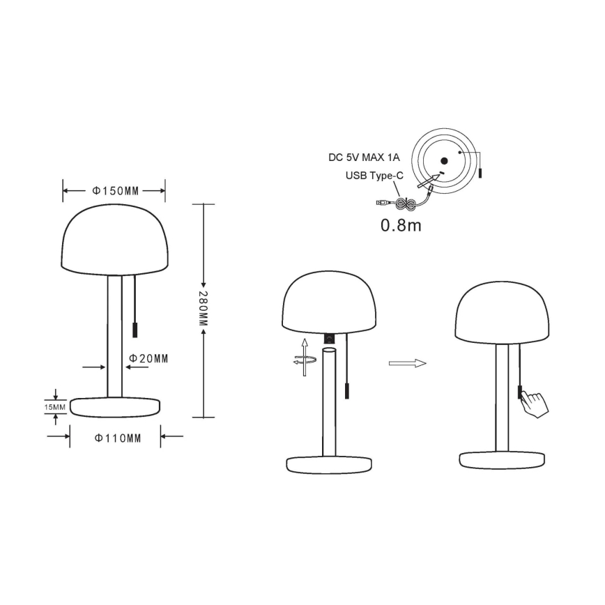Globo - Candeeiro de mesa LED/1,5W/3,7V 3000/4200/6000K 1800mAh branco