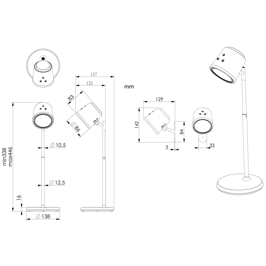 Globo - Candeeiro de mesa táctil LED com regulação 4em1 LED/6W/3,7V 3000K/4000K/6500K 1500 mAh USB preto