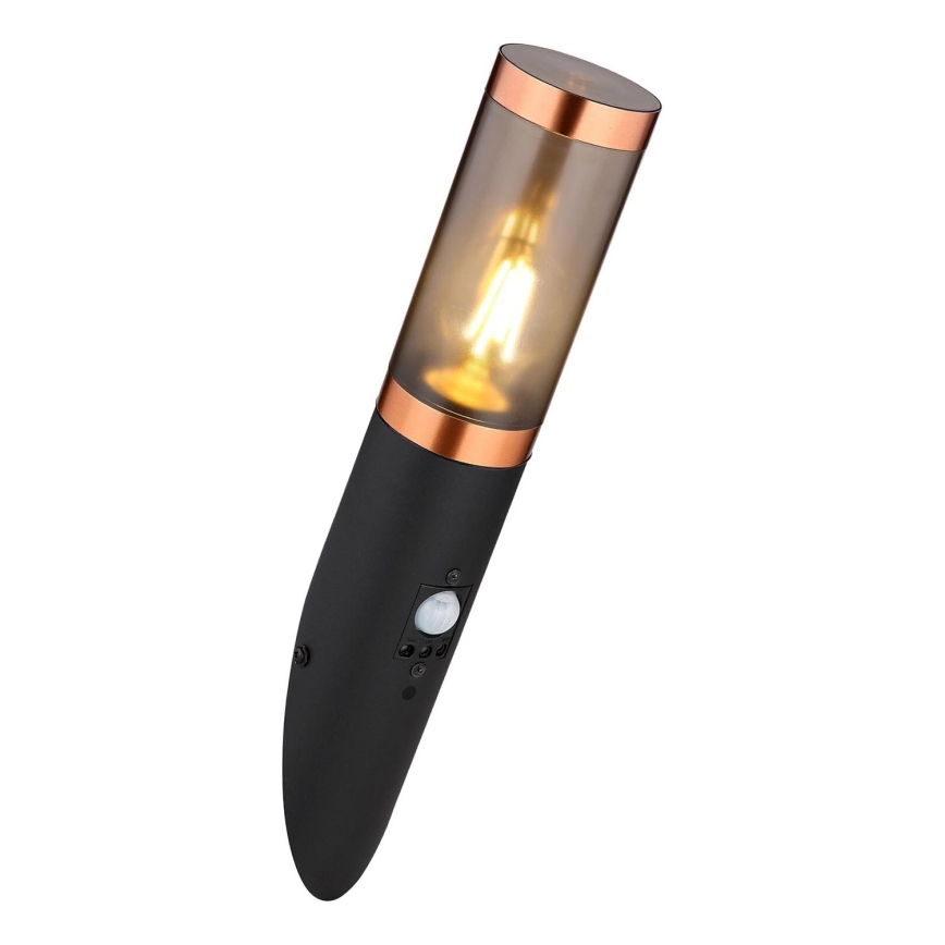 Globo - Iluminação de parede exterior com sensor 1xE27/15W/230V IP44 preto/cobre