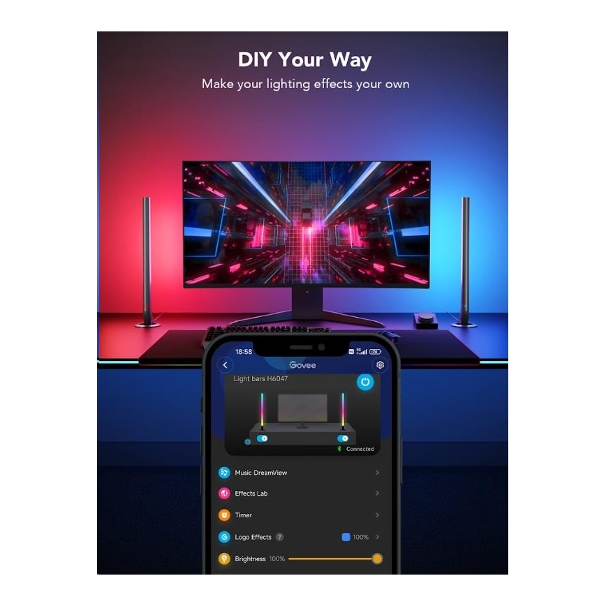 Govee - CONJUNTO 2x Smart Gaming Wi-Fi LED RGBIC Panels + Smart Dual + controlo remoto