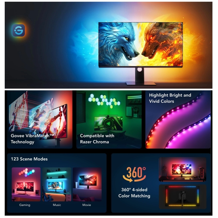 Govee - Dreamview G1 Smart LED RGBIC monitor iluminação 27-34" Wi-Fi