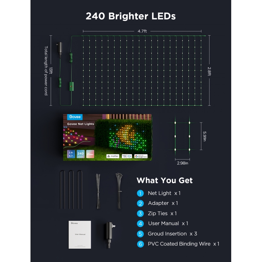 Govee - Rede de iluminação LED RGBIC para exterior 143x85cm Wi-Fi Matter IP65