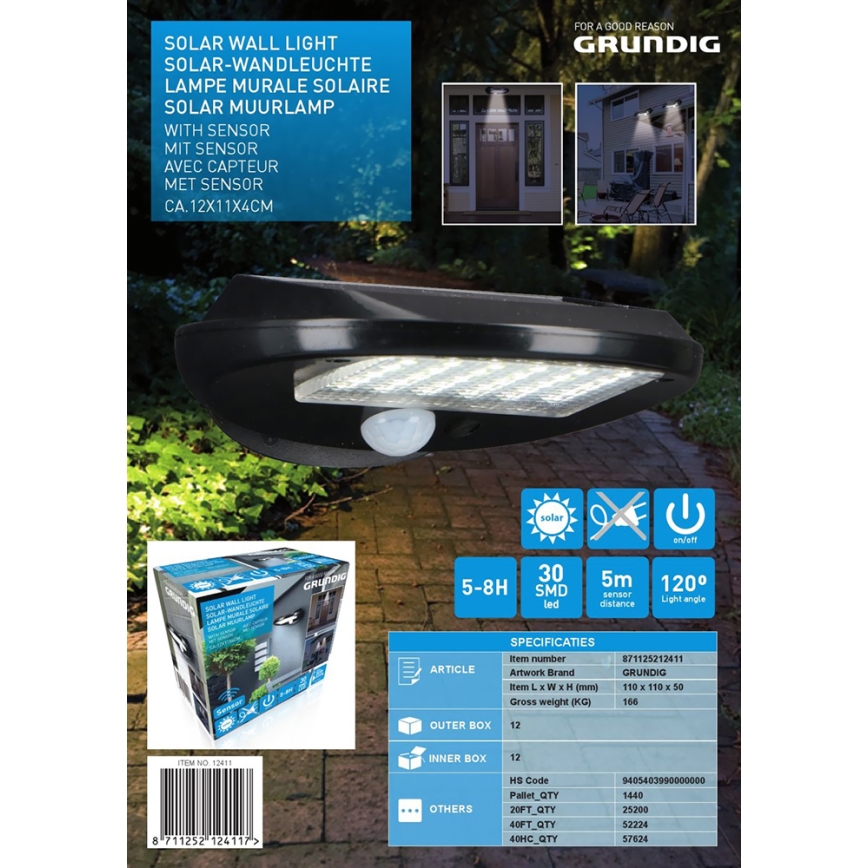 Grundig - CONJUNTO 2x Luz de parede solar com sensor LED LED/3,2V