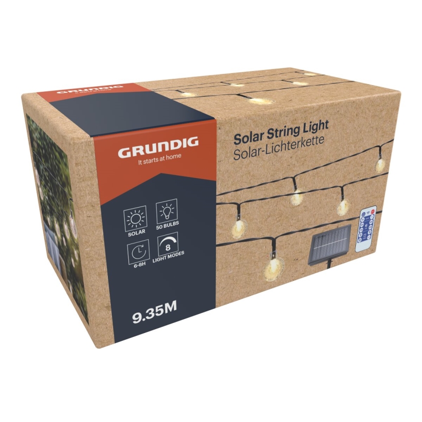 Grundig - Corrente LED solar com regulação 50xLED/8 funções 9,35m IP44 branco quente + comando
