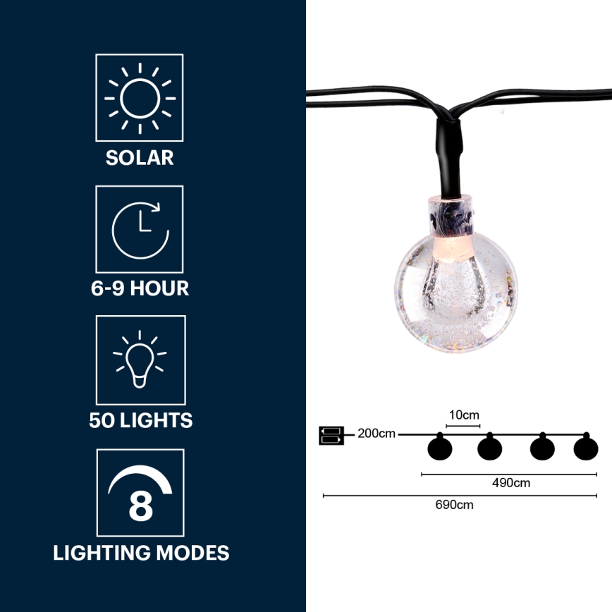 Grundig - Corrente solar LED 50xLED/8 funções 6,9m branco quente