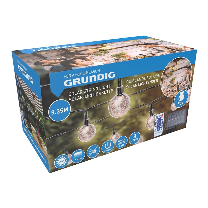 Grundig - Corrente solar LED regulável 50xLED/8 funções 9,35m branco quente + comando