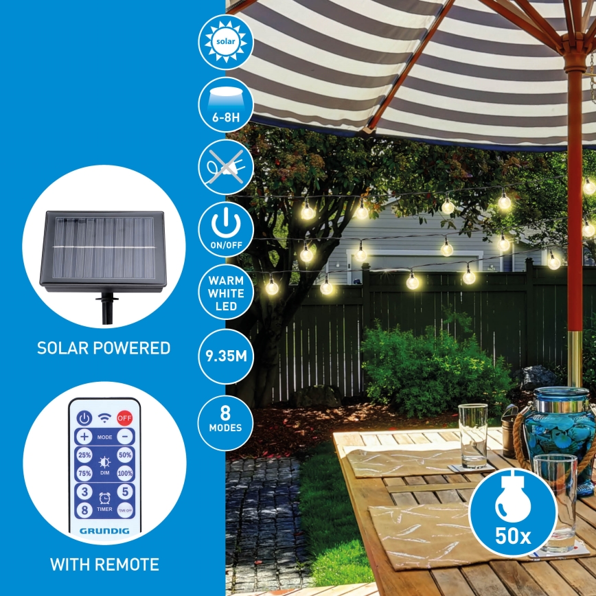 Grundig - Corrente solar LED regulável 50xLED/8 funções 9,35m branco quente + comando