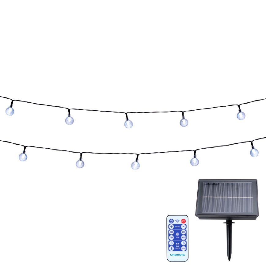 Grundig - Corrente solar LED regulável 50xLED/8 funções 9,35m branco quente + comando