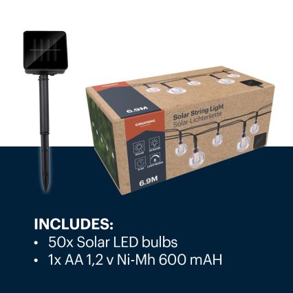 Grundig - Cordão Solar LED 50xLED/8 funções 6,9m branco quente 600 mAh
