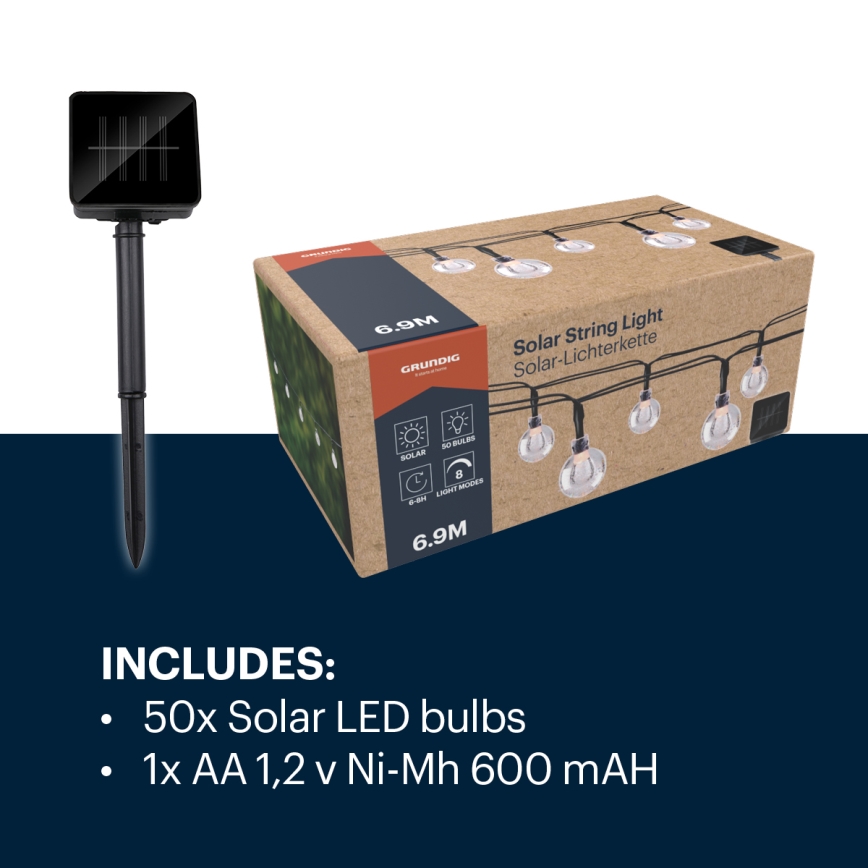 Grundig - Cordão Solar LED 50xLED/8 funções 6,9m branco quente 600 mAh