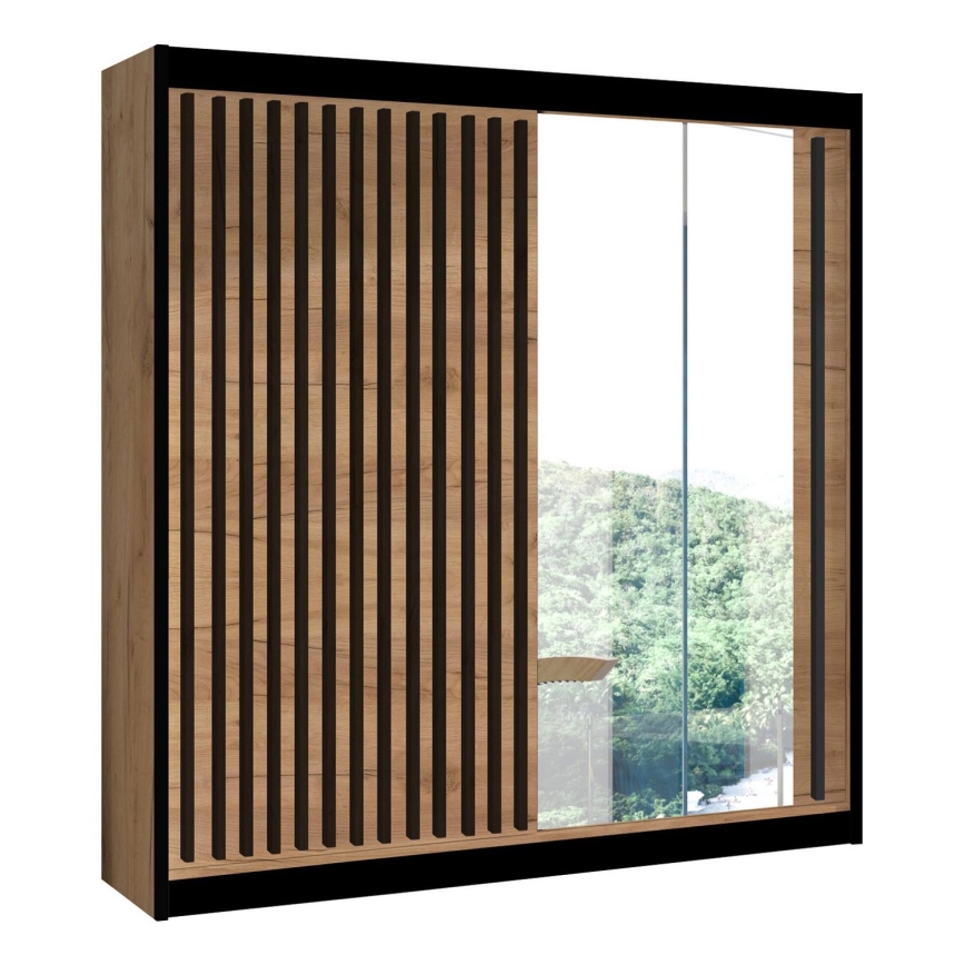 Guarda-roupa com espelho SANTINO 203x215 cm carvalho craft/preto