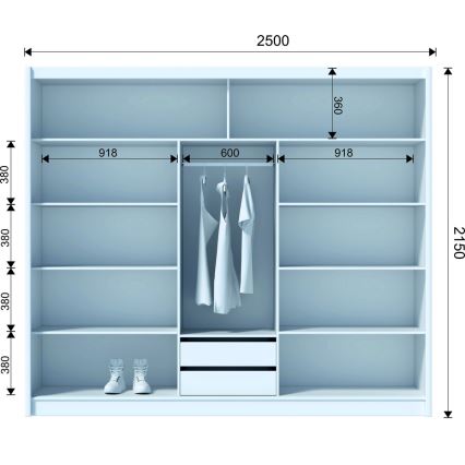 Guarda-roupa com espelho SANTINO 250x215 cm branco/carvalho craft
