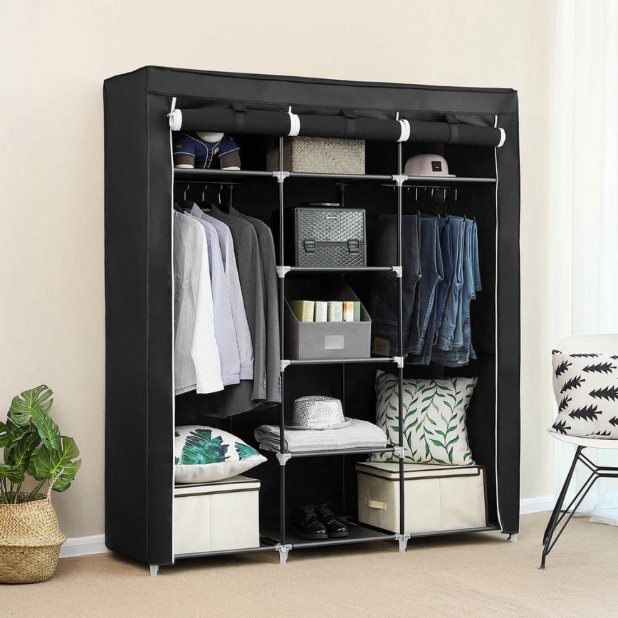Guarda-roupa de tecido para arrumação com prateleiras e varão MATIS 150x175 cm preto
